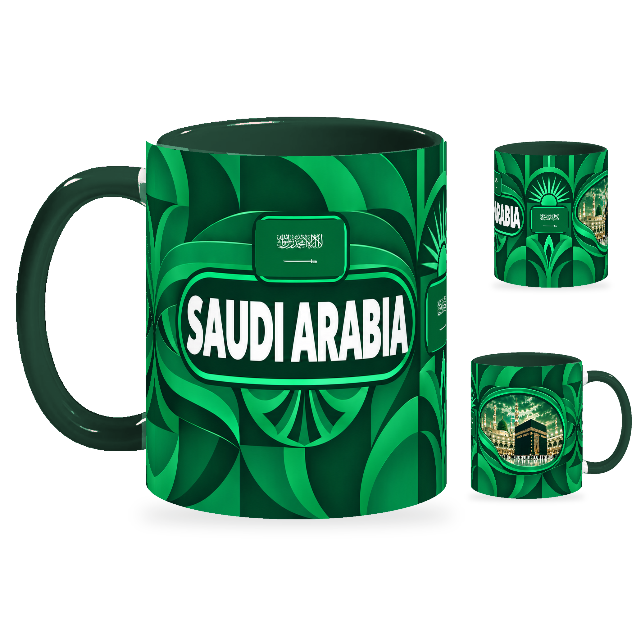 Saudi Arabia Mug – 320ml with dark green handle, showing the country-name side plus companion centered-flag and landmark views of the glossy full-wrap design by Fann Bliss.