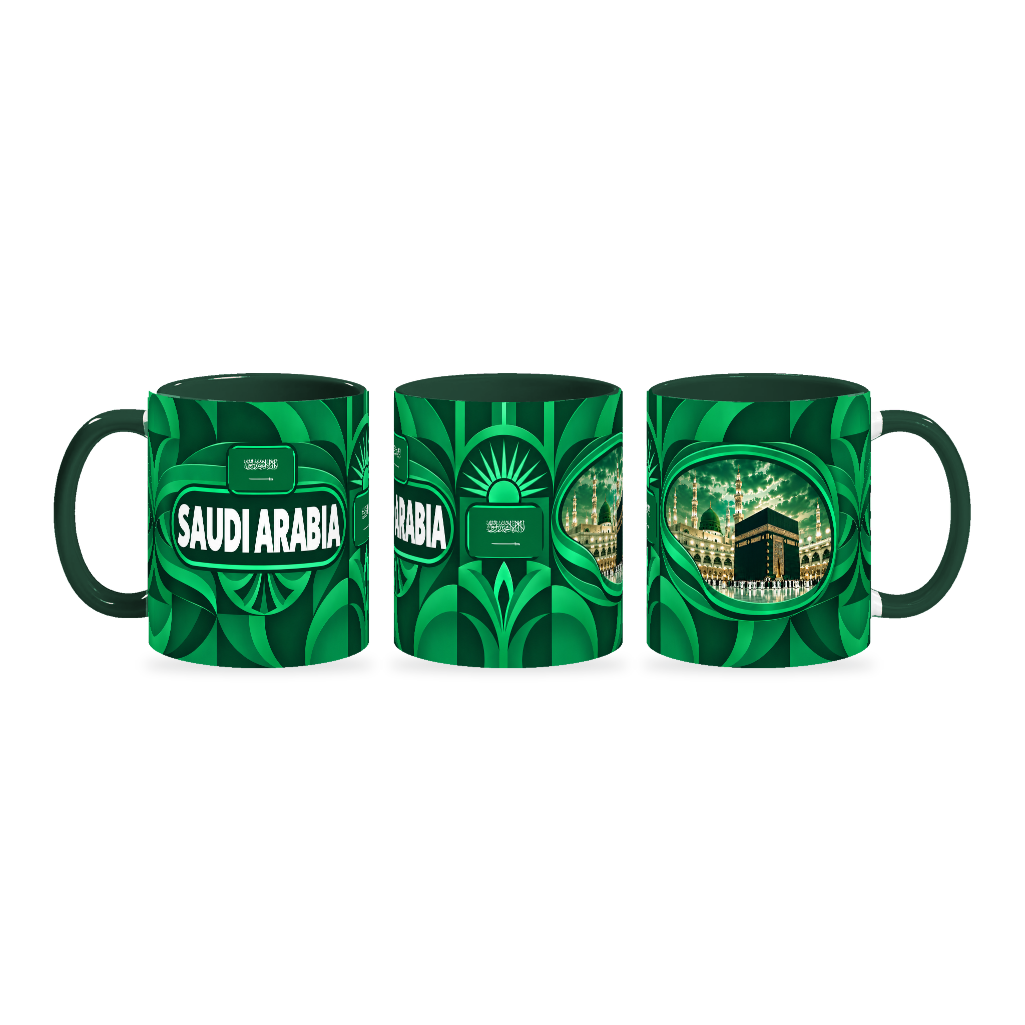 Saudi Arabia Mug – 320ml with dark green handle, shown in three matching angles of the glossy full-wrap design by Fann Bliss.