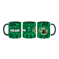 Saudi Arabia Mug – 320ml with dark green handle, shown in three matching angles of the glossy full-wrap design by Fann Bliss.