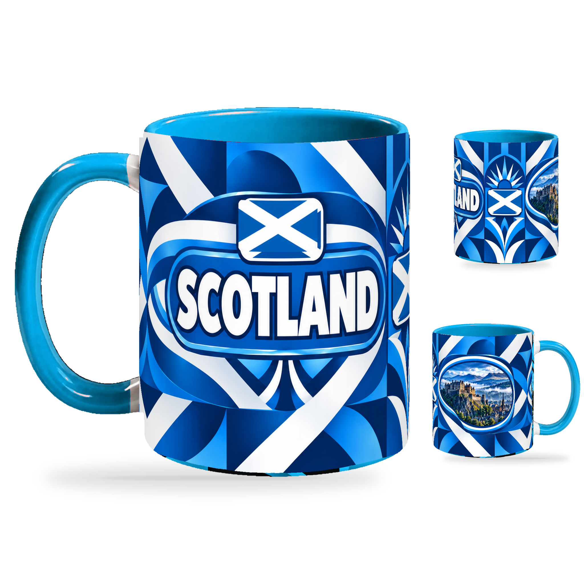Scotland Mug – 320ml with light-blue handle, showing the country-name side plus companion centered-flag and landmark views of the glossy full-wrap design by Fann Bliss.