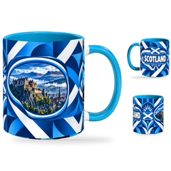 Scotland Mug – 320ml with light-blue handle, showing the landmark side plus companion country-name and centered-flag views of the glossy full-wrap design by Fann Bliss.
