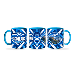 Scotland Mug – 320ml with light-blue handle, shown in three matching angles of the glossy full-wrap design by Fann Bliss.