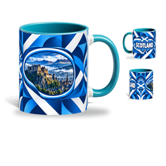 Scotland Mug Teal – 320ml with teal handle, showing the landmark side plus companion country-name and centered-flag views of the glossy full-wrap design by Fann Bliss.