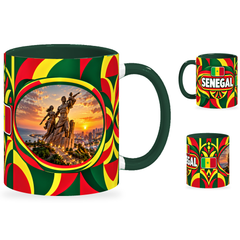 Senegal Mug – 320ml with dark green handle, showing the landmark side plus companion country-name and centered-flag views of the glossy full-wrap design by Fann Bliss.