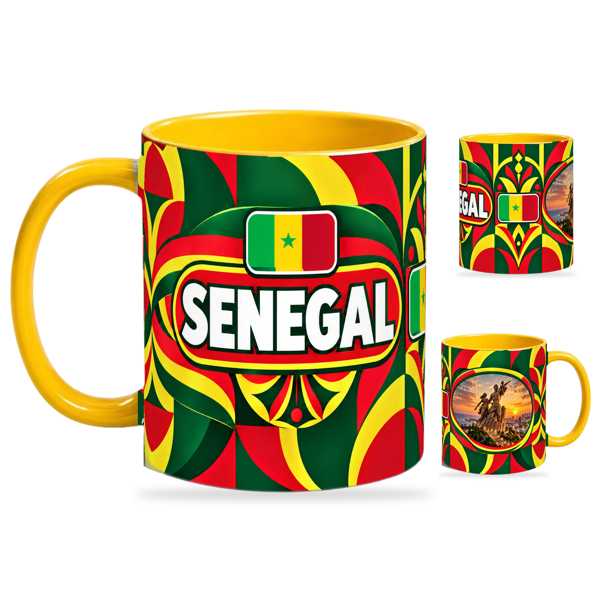 Senegal Mug Yellow – 320ml with yellow handle, showing the country-name side plus companion centered-flag and landmark views of the glossy full-wrap design by Fann Bliss.