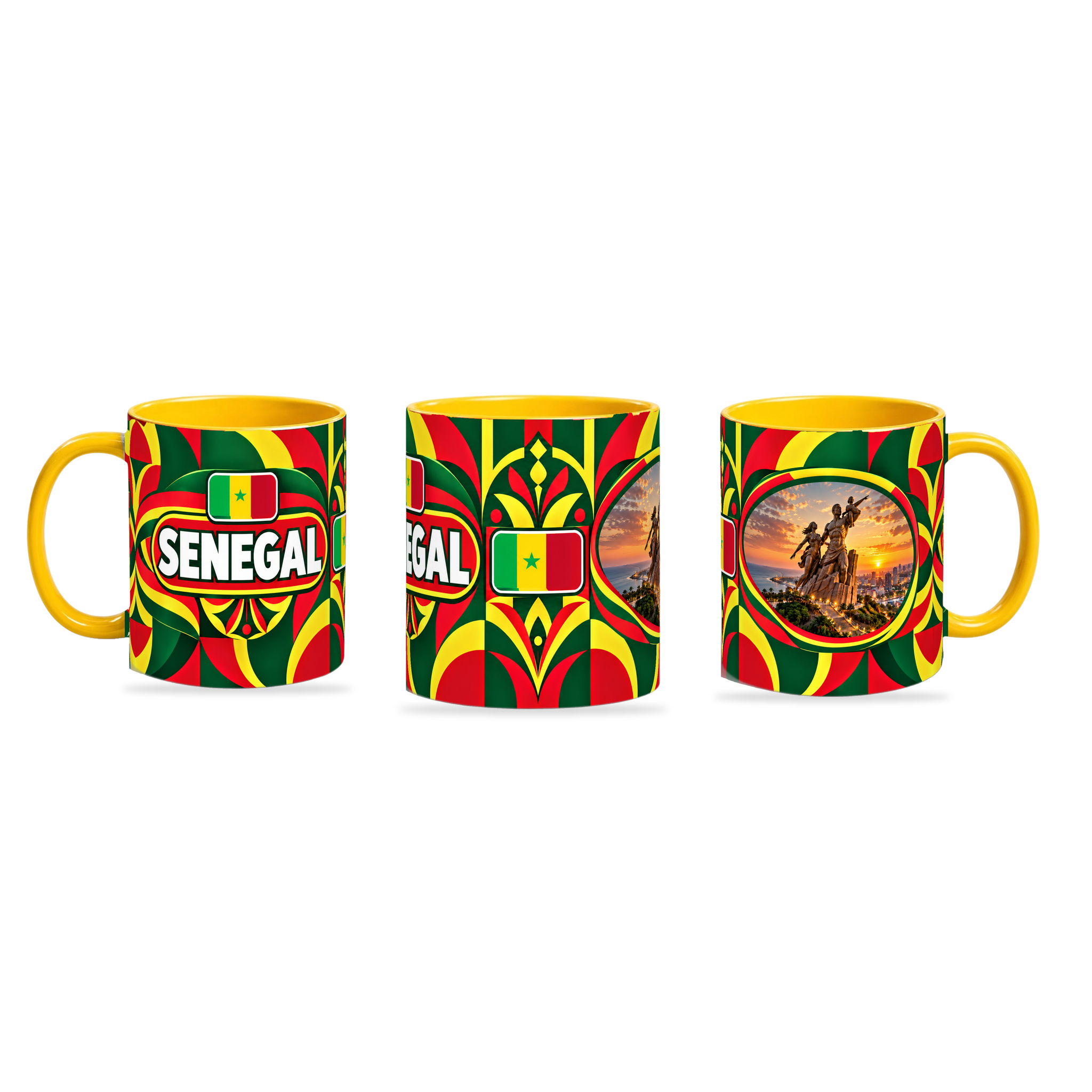 Senegal Mug Yellow – 320ml with yellow handle, shown in three matching angles of the glossy full-wrap design by Fann Bliss.