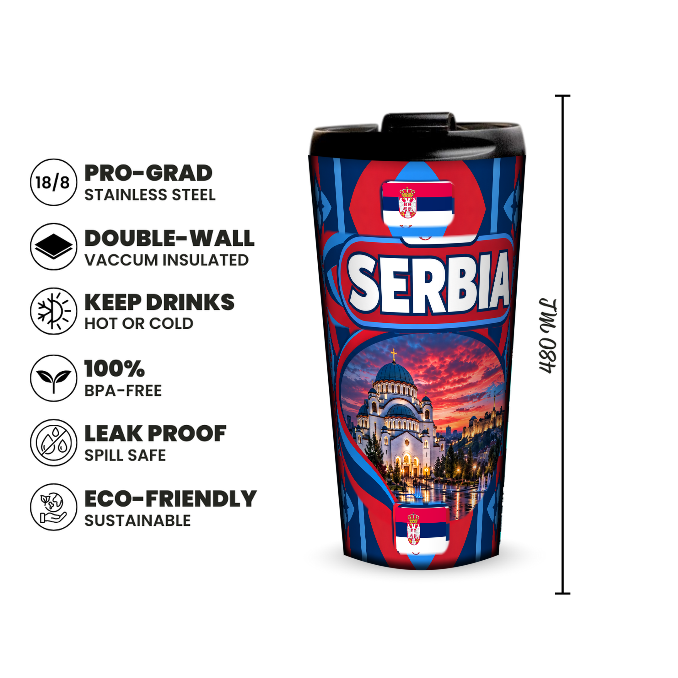 Serbia 480ml insulated tumbler features and size