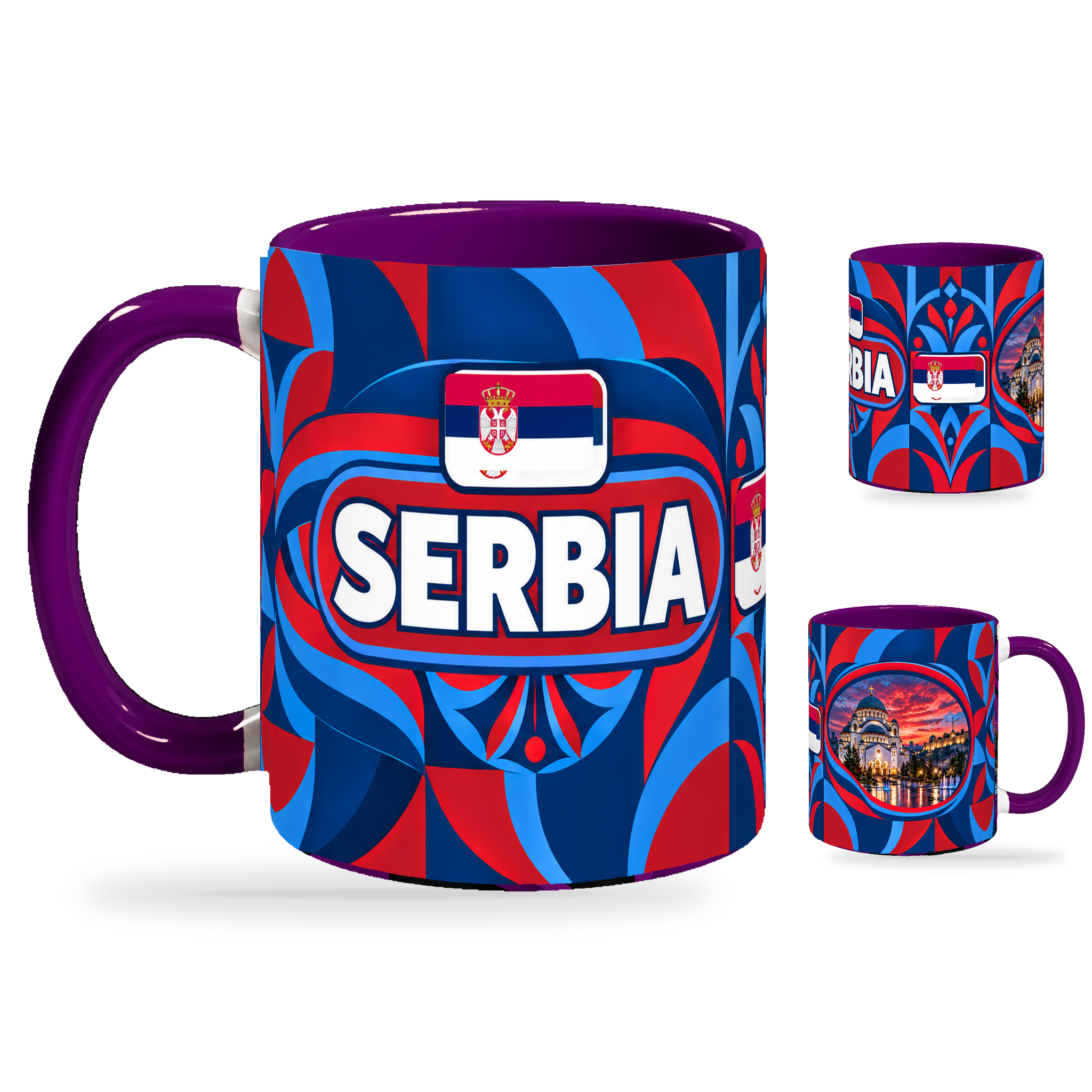 Serbia Mug Purple – 320ml with purple handle, showing the country-name side plus companion centered-flag and landmark views of the glossy full-wrap design by Fann Bliss.