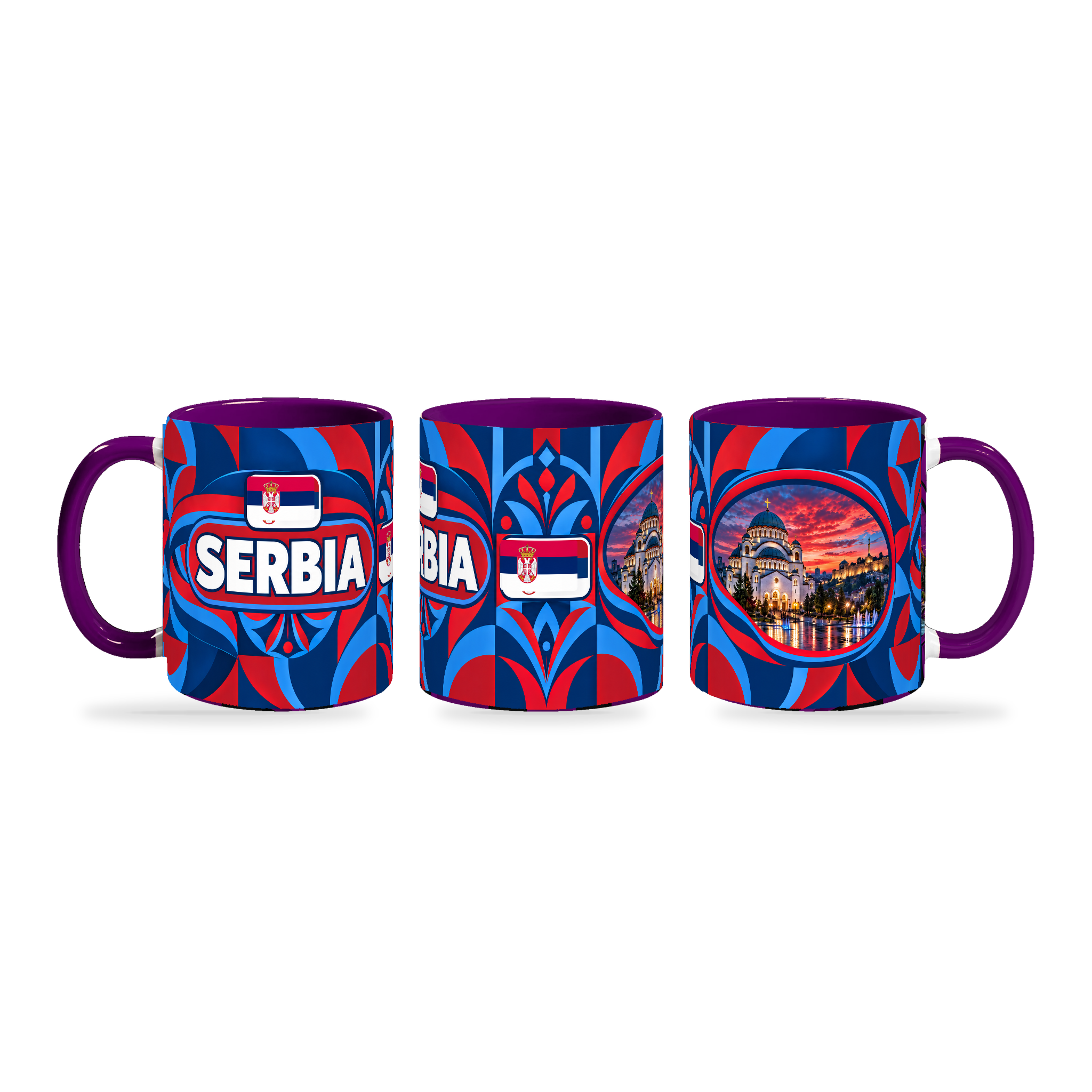 Serbia Mug Purple – 320ml with purple handle, shown in three matching angles of the glossy full-wrap design by Fann Bliss.