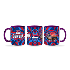 Serbia Mug Purple – 320ml with purple handle, shown in three matching angles of the glossy full-wrap design by Fann Bliss.
