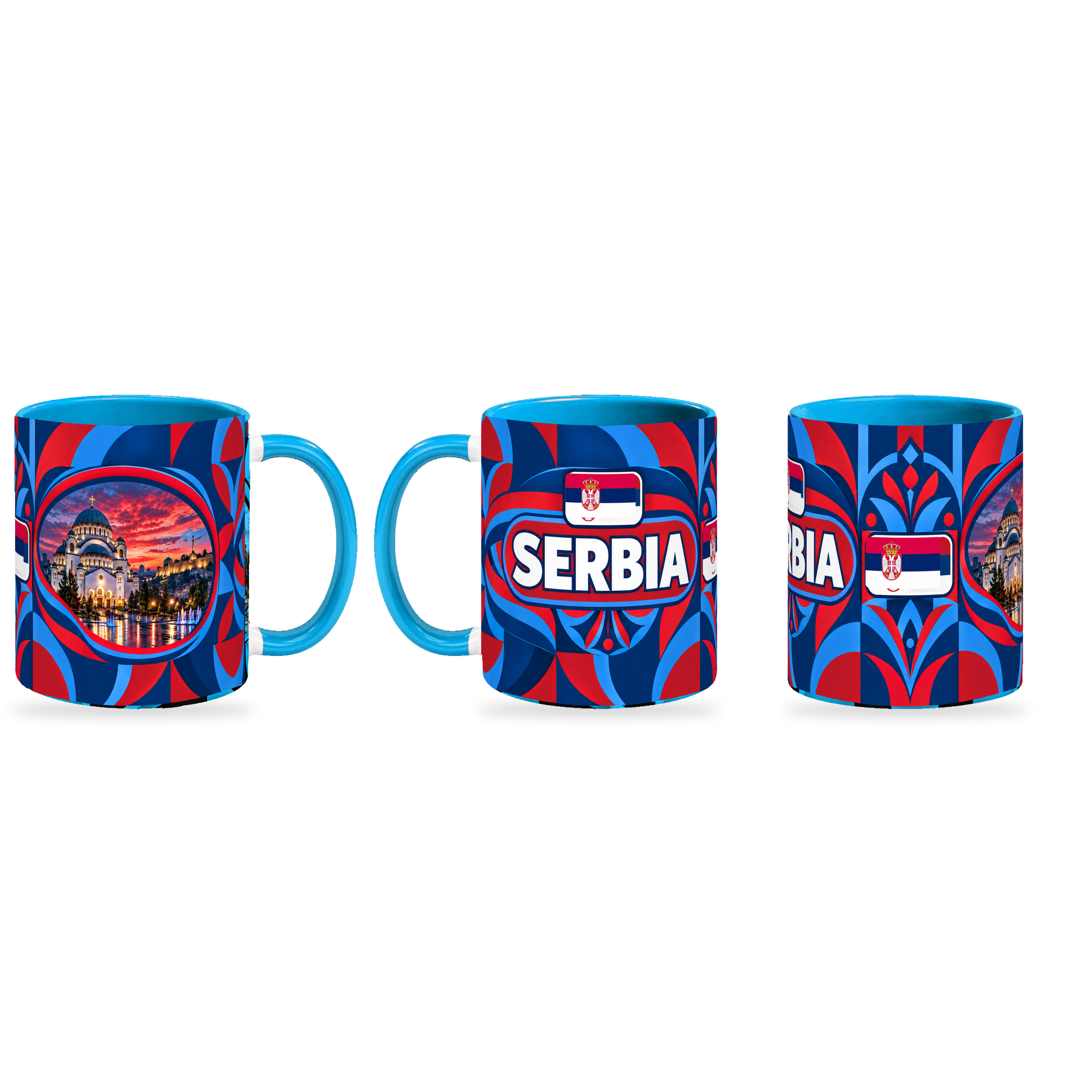Serbia Mug – 320ml — three matching angles together on white with a soft shadow