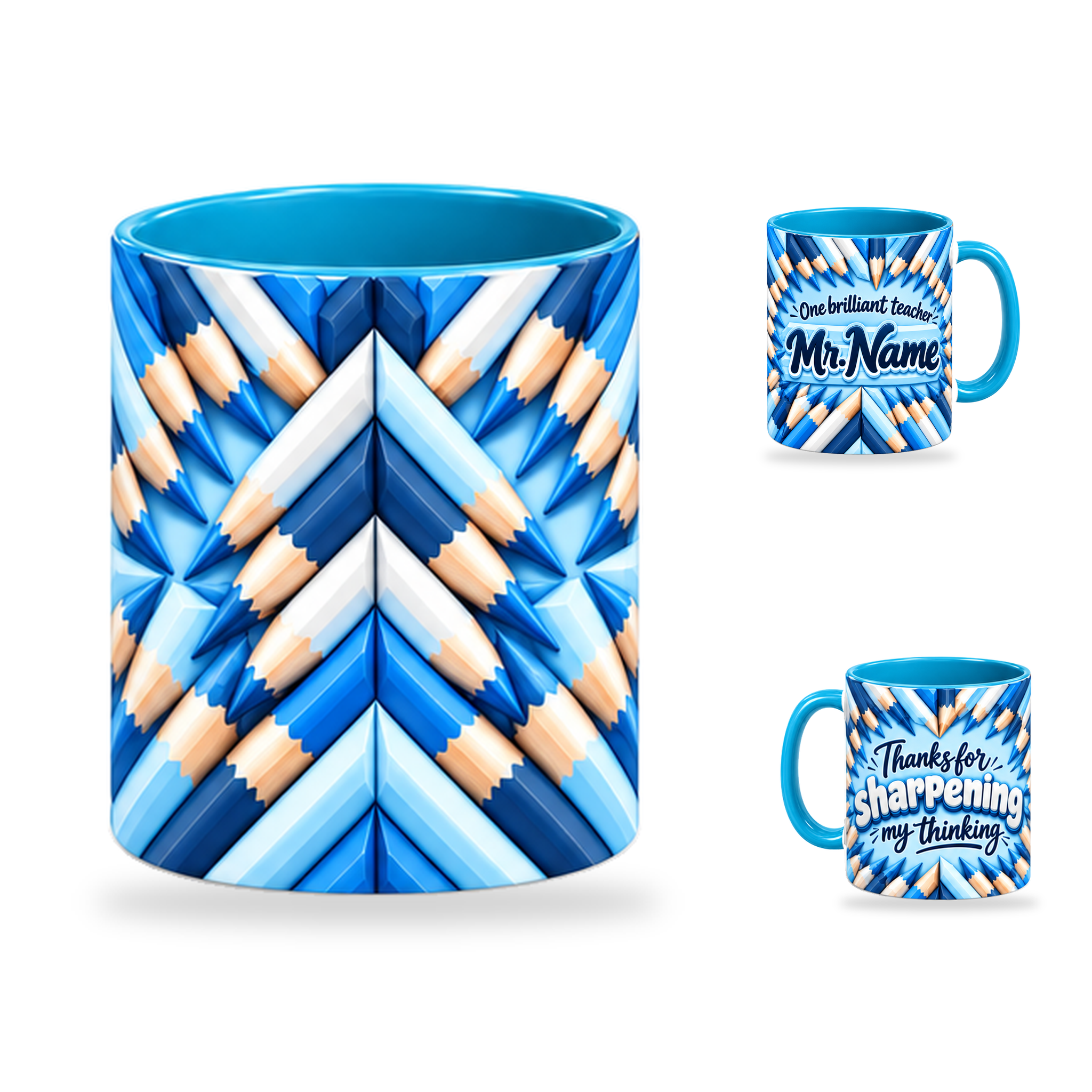 Sharp Thinking Mug – 320ml, Light Blue ceramic mug, centre-pattern of the Teacher’s Day artwork