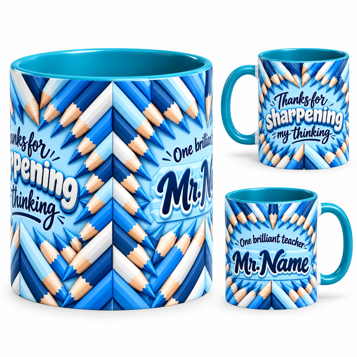 Sharp Thinking Mug – 320ml, teal ceramic mug, views of the full-wrap Teacher’s Day design