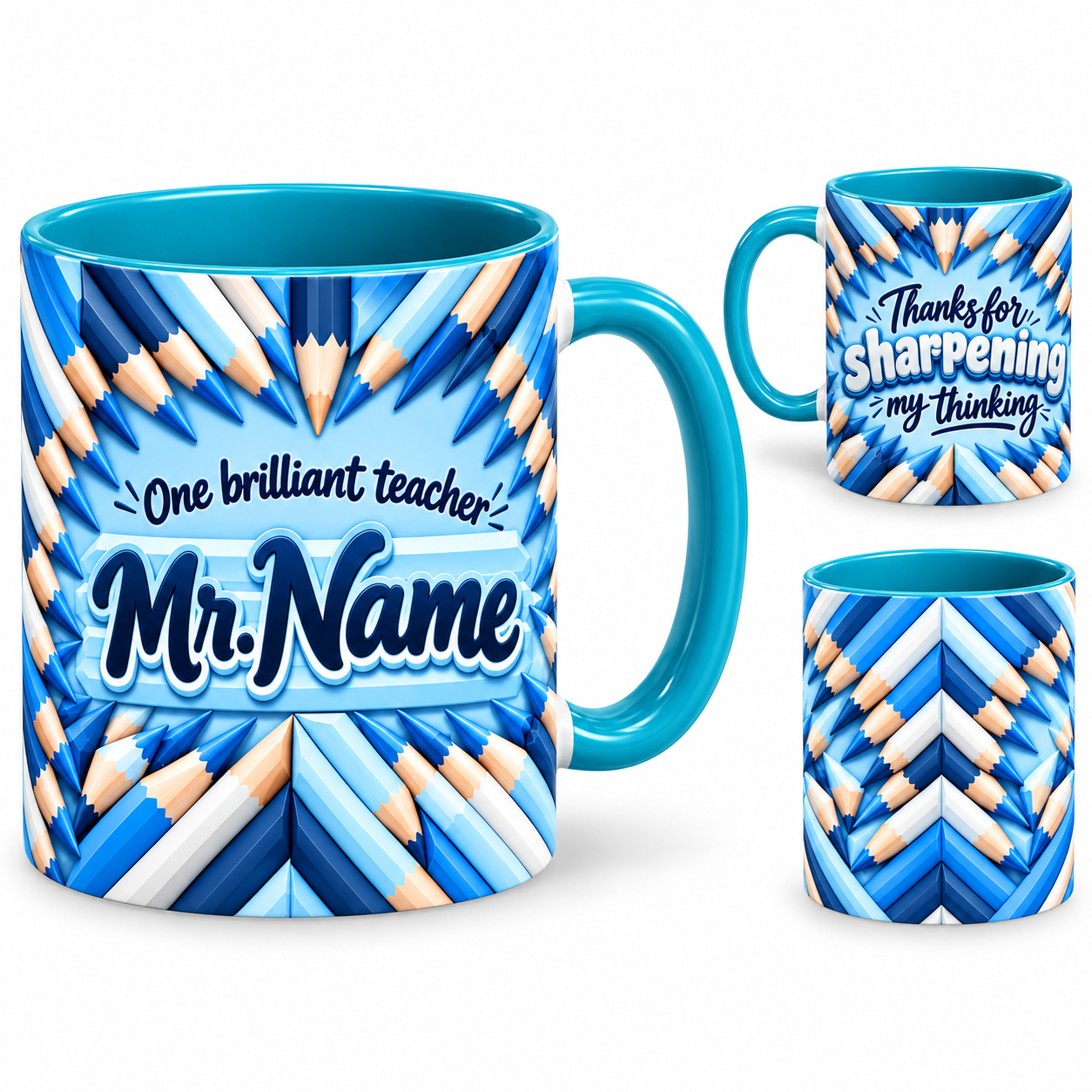 Sharp Thinking Mug – 320ml, teal ceramic mug, views of the full-wrap Teacher’s Day design