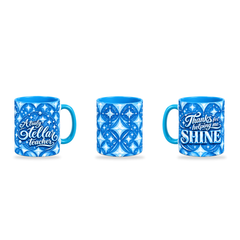 Shining Teacher Mug – 320ml, Light Blue ceramic mug, three-angle overview of the Teacher’s Day artwork