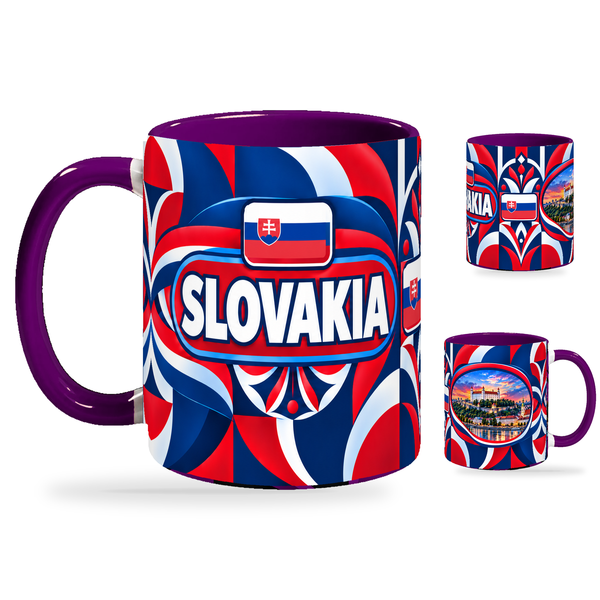Slovakia Mug Purple – 320ml with purple handle, showing the country-name side plus companion centered-flag and landmark views of the glossy full-wrap design by Fann Bliss.