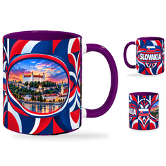 Slovakia Mug Purple – 320ml with purple handle, showing the landmark side plus companion country-name and centered-flag views of the glossy full-wrap design by Fann Bliss.