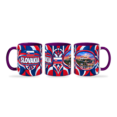 Slovakia Mug Purple – 320ml with purple handle, shown in three matching angles of the glossy full-wrap design by Fann Bliss.
