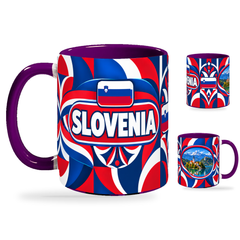 Slovenia Mug Purple – 320ml with purple handle, showing the country-name side plus companion centered-flag and landmark views of the glossy full-wrap design by Fann Bliss.