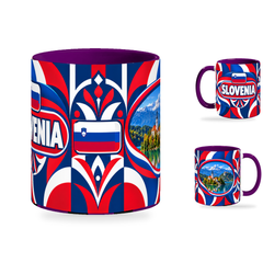 Slovenia Mug Purple – 320ml with purple handle, showing the centered flag view plus companion country-name and landmark views of the glossy full-wrap design by Fann Bliss.