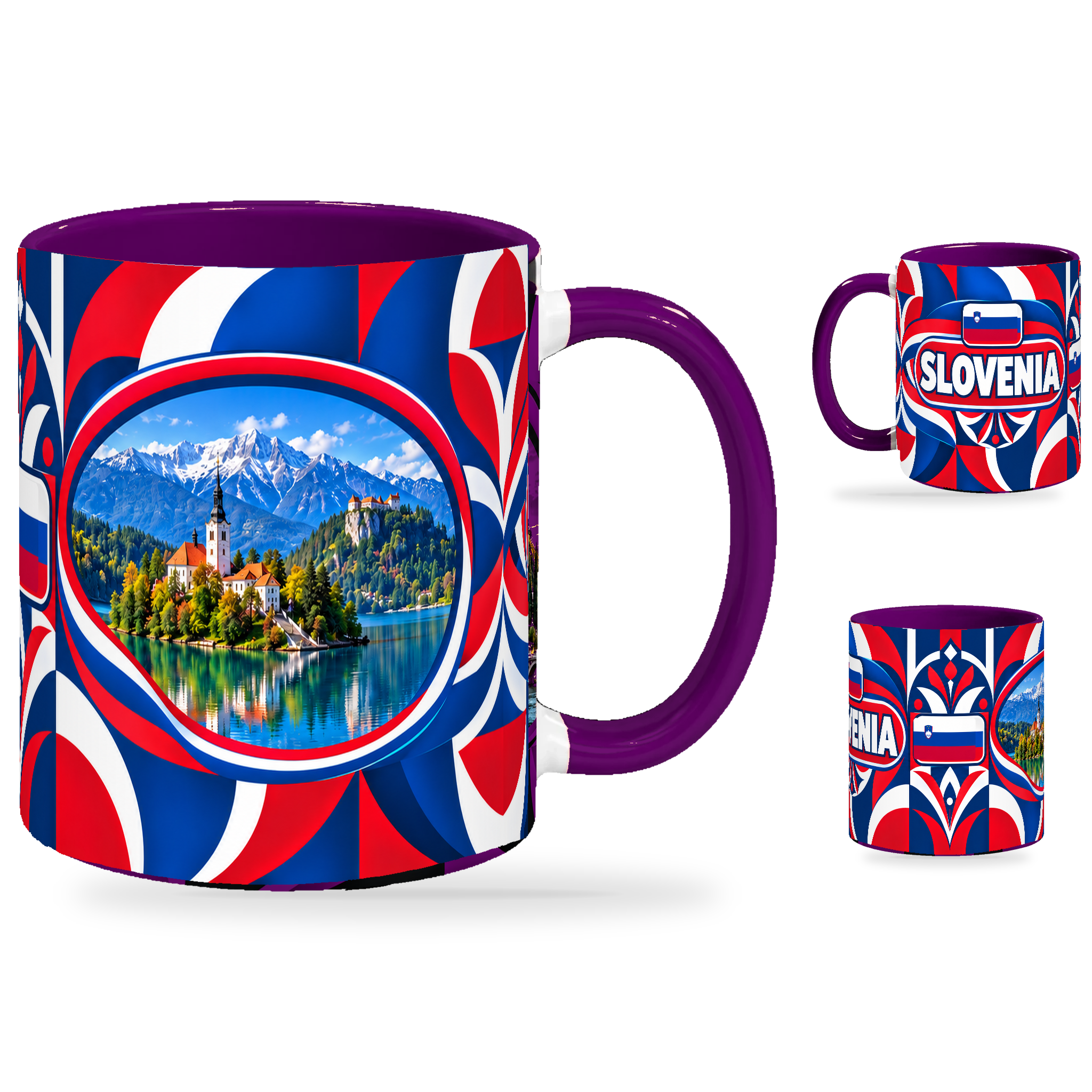 Slovenia Mug Purple – 320ml with purple handle, showing the landmark side plus companion country-name and centered-flag views of the glossy full-wrap design by Fann Bliss.