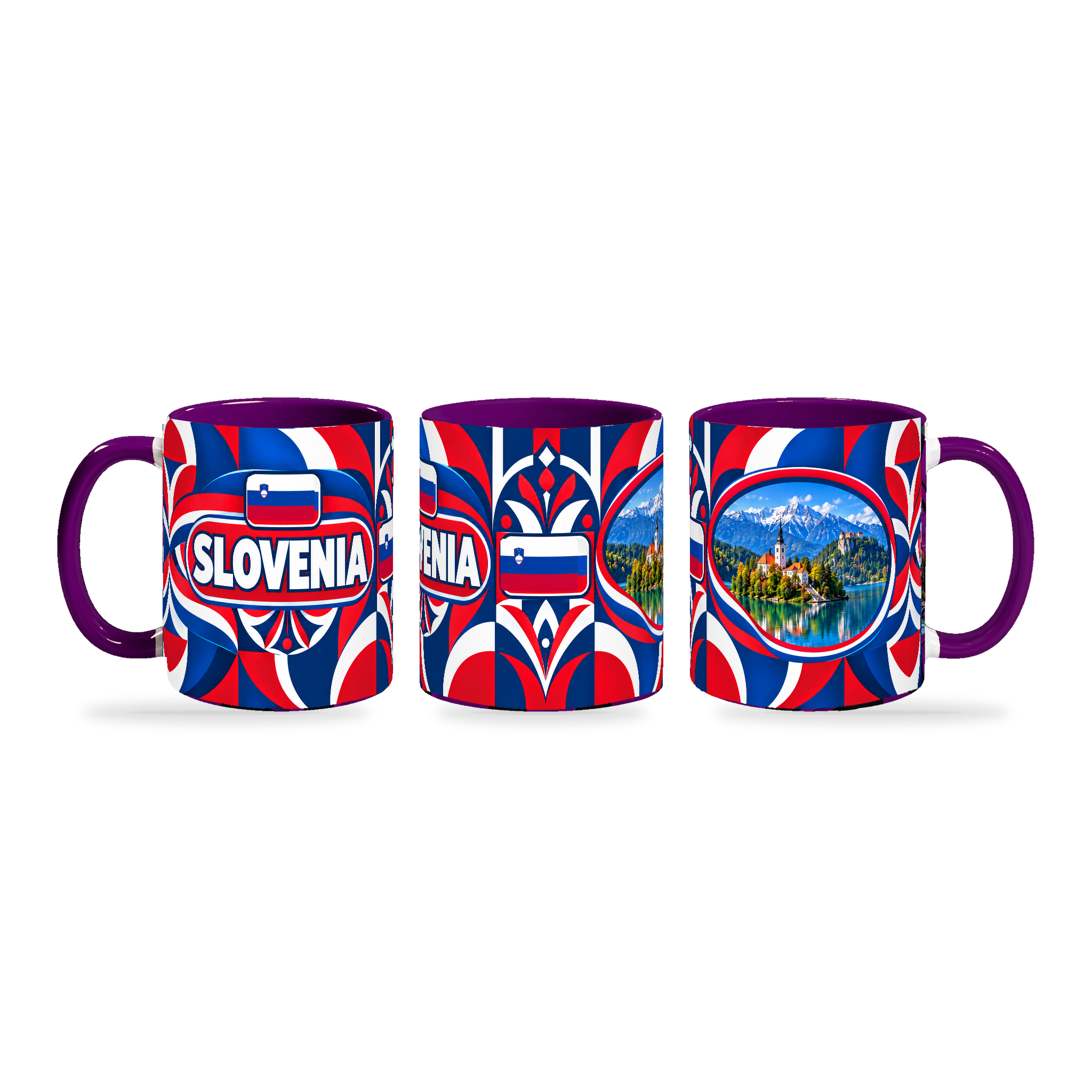 Slovenia Mug Purple – 320ml with purple handle, shown in three matching angles of the glossy full-wrap design by Fann Bliss.