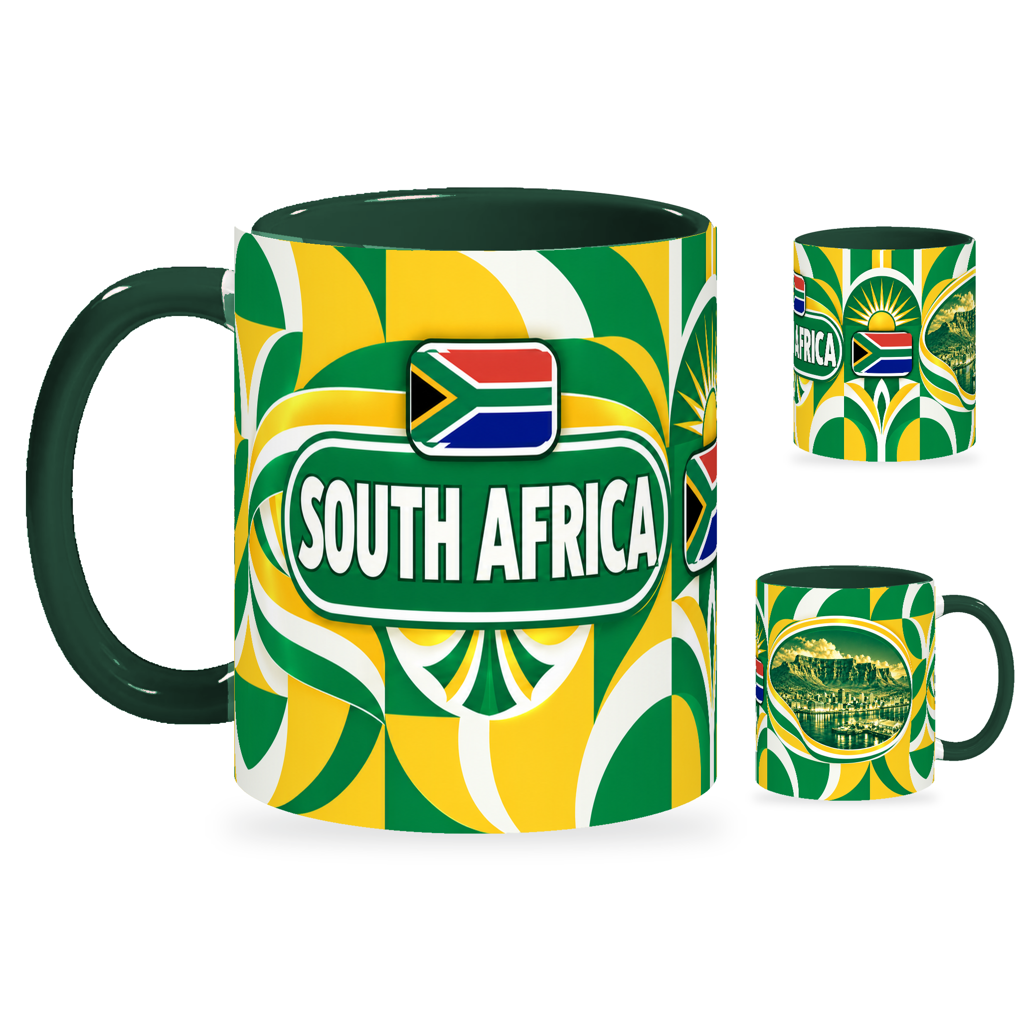 South Africa Mug – 320ml with dark green handle, showing the country-name side plus companion centered-flag and landmark views of the glossy full-wrap design by Fann Bliss.