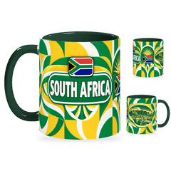 South Africa Mug – 320ml with dark green handle, showing the country-name side plus companion centered-flag and landmark views of the glossy full-wrap design by Fann Bliss.