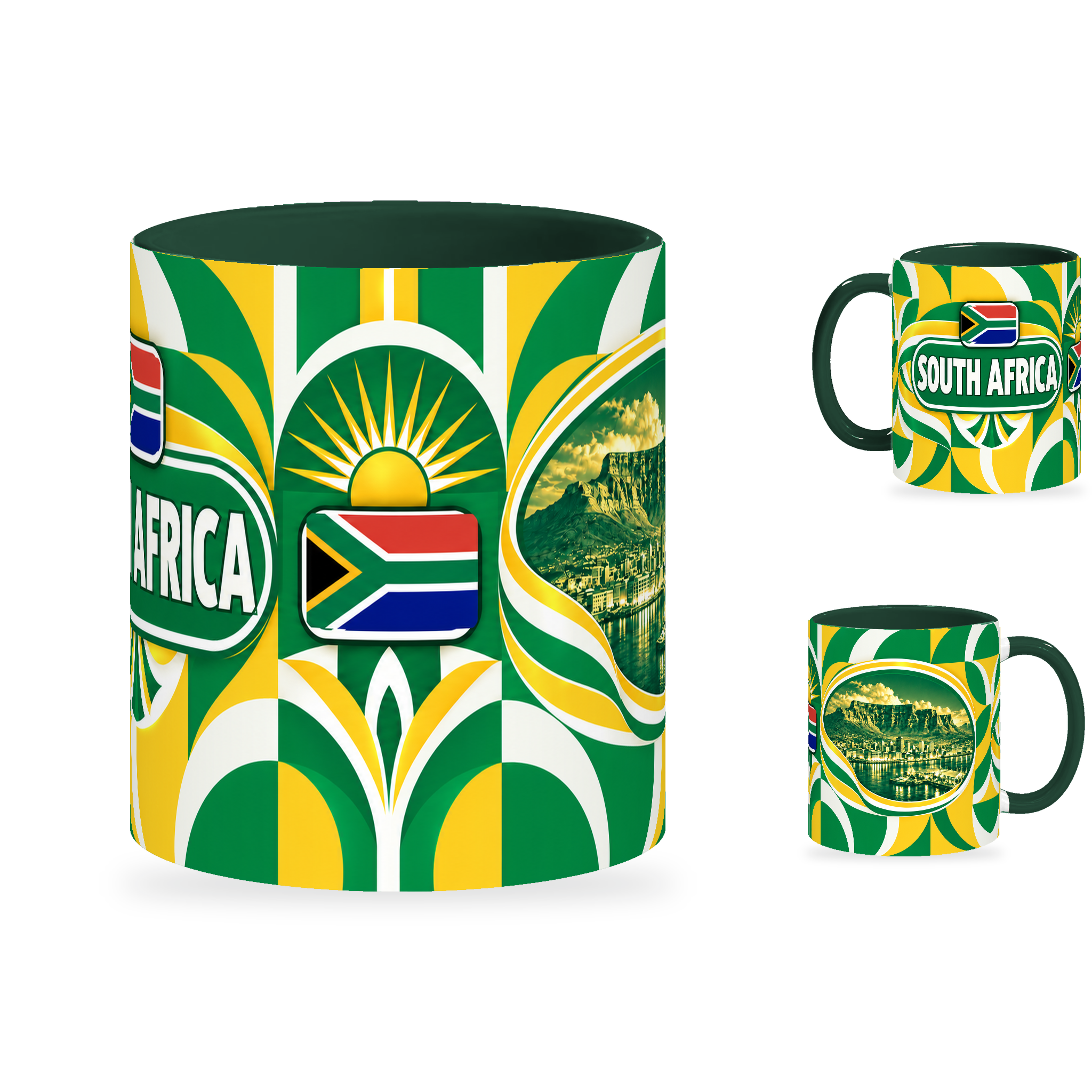South Africa Mug – 320ml with dark green handle, showing the centered flag view plus companion country-name and landmark views of the glossy full-wrap design by Fann Bliss.