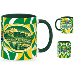 South Africa Mug – 320ml with dark green handle, showing the landmark side plus companion country-name and centered-flag views of the glossy full-wrap design by Fann Bliss.