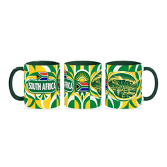 South Africa Mug – 320ml with dark green handle, shown in three matching angles of the glossy full-wrap design by Fann Bliss.