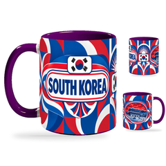 South Korea Mug Purple – 320ml with purple handle, showing the country-name side plus companion centered-flag and landmark views of the glossy full-wrap design by Fann Bliss.