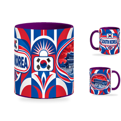 South Korea Mug Purple – 320ml with purple handle, showing the centered flag view plus companion country-name and landmark views of the glossy full-wrap design by Fann Bliss.