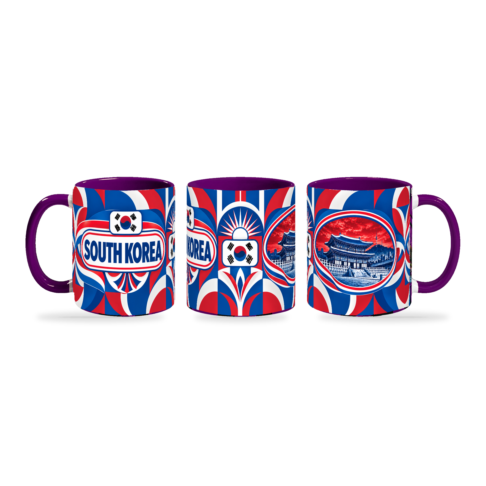 South Korea Mug Purple – 320ml with purple handle, shown in three matching angles of the glossy full-wrap design by Fann Bliss.