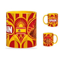 Spain Mug Yellow – 320ml with yellow handle, showing the centered flag view plus companion country-name and landmark views of the glossy full-wrap design by Fann Bliss.