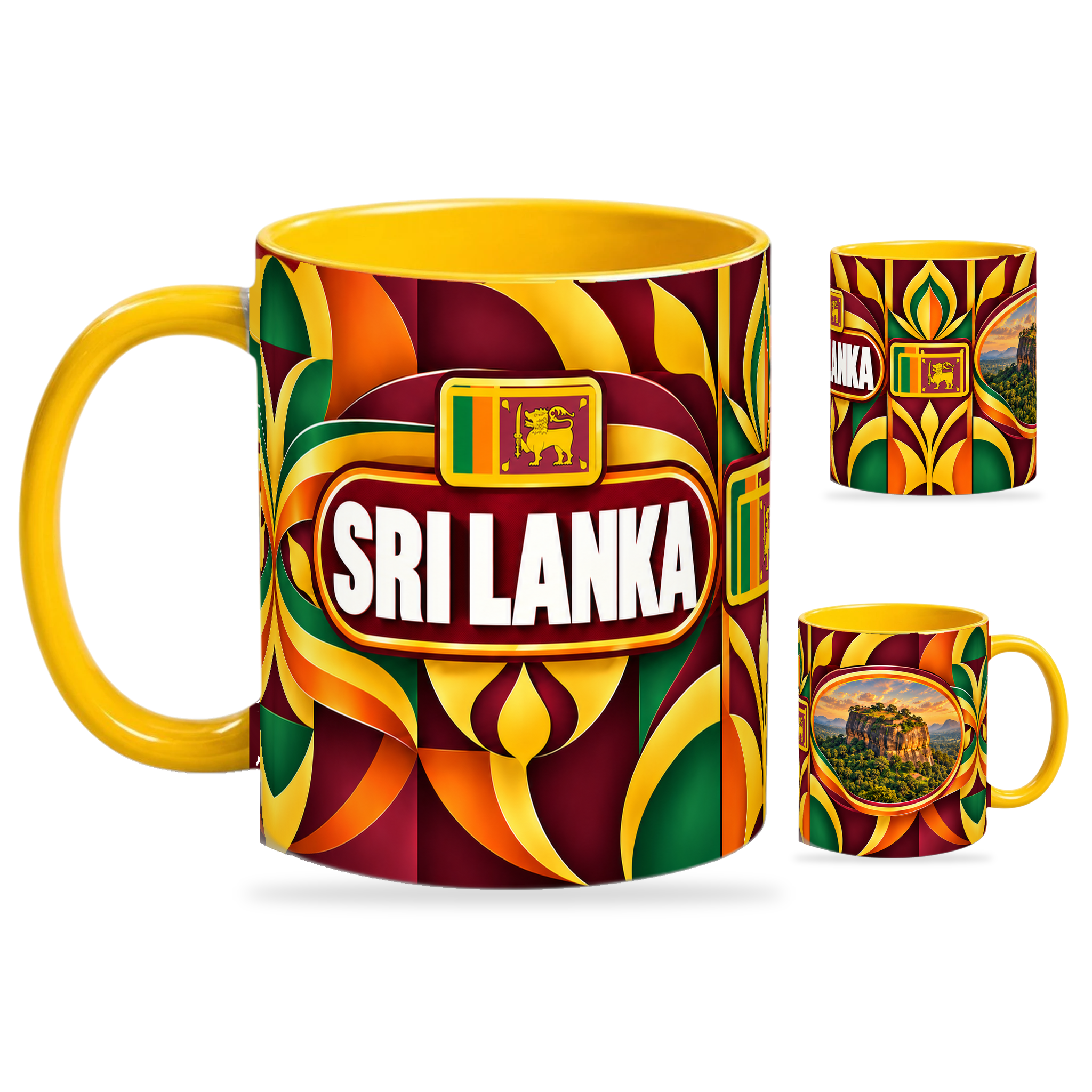 Sri Lanka Mug Yellow – 320ml with yellow handle, showing the country-name side plus companion centered-flag and landmark views of the glossy full-wrap design by Fann Bliss.