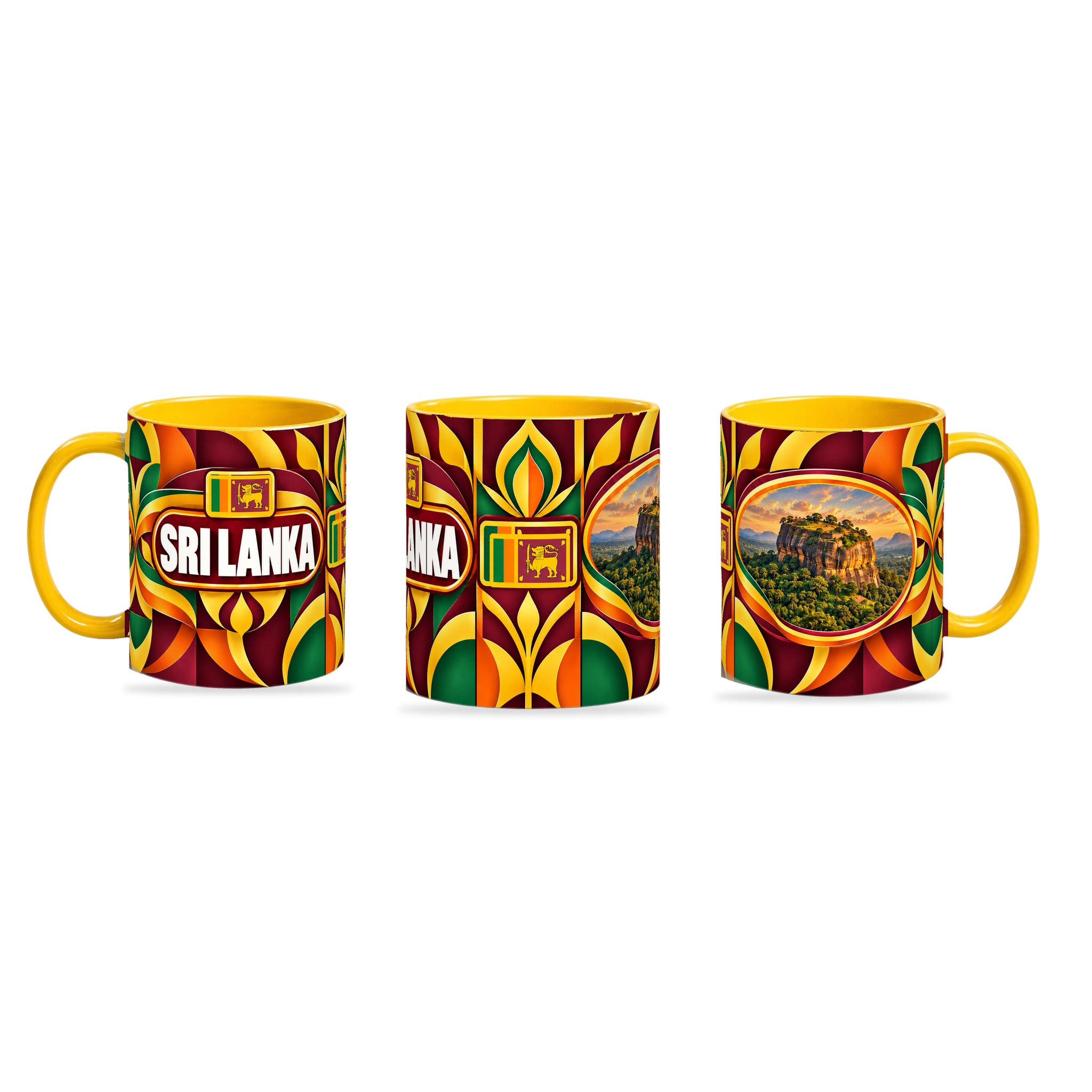 Sri Lanka Mug Yellow – 320ml with yellow handle, shown in three matching angles of the glossy full-wrap design by Fann Bliss.