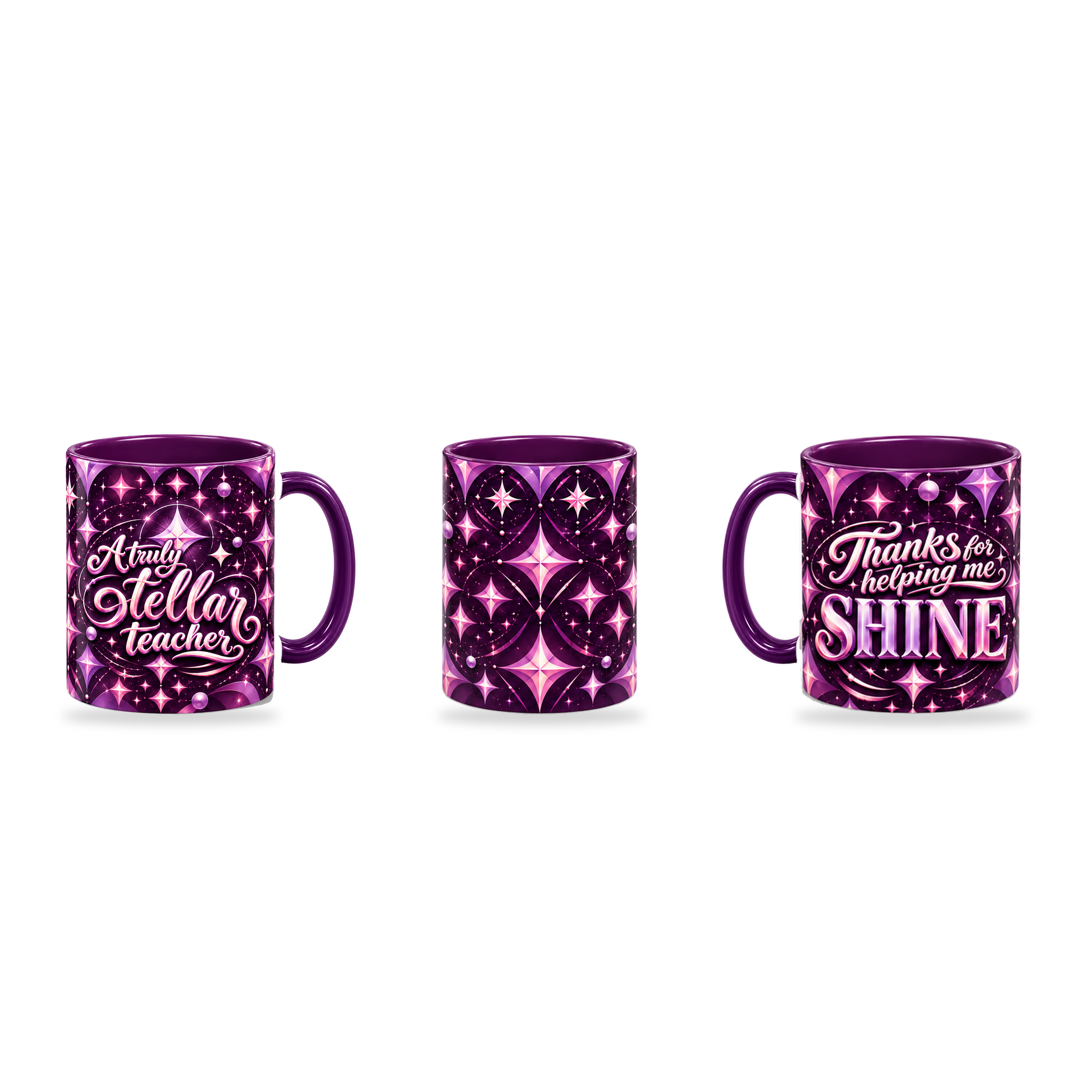 Stellar Teacher Mug – 320ml, Purple ceramic mug, three-angle overview of the Teacher’s Day artwork