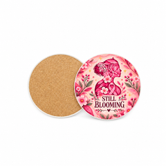 Still Blooming Pinktober 10cm round ceramic coaster, printed front and cork back