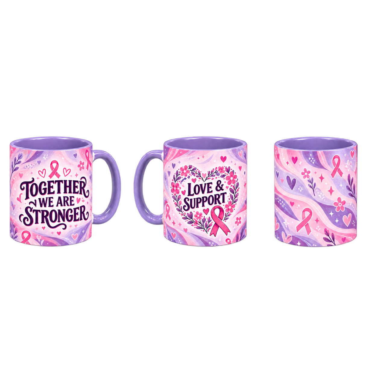 Stronger Together Pinktober Mug – Light Purple, 320ml, three-view overview
