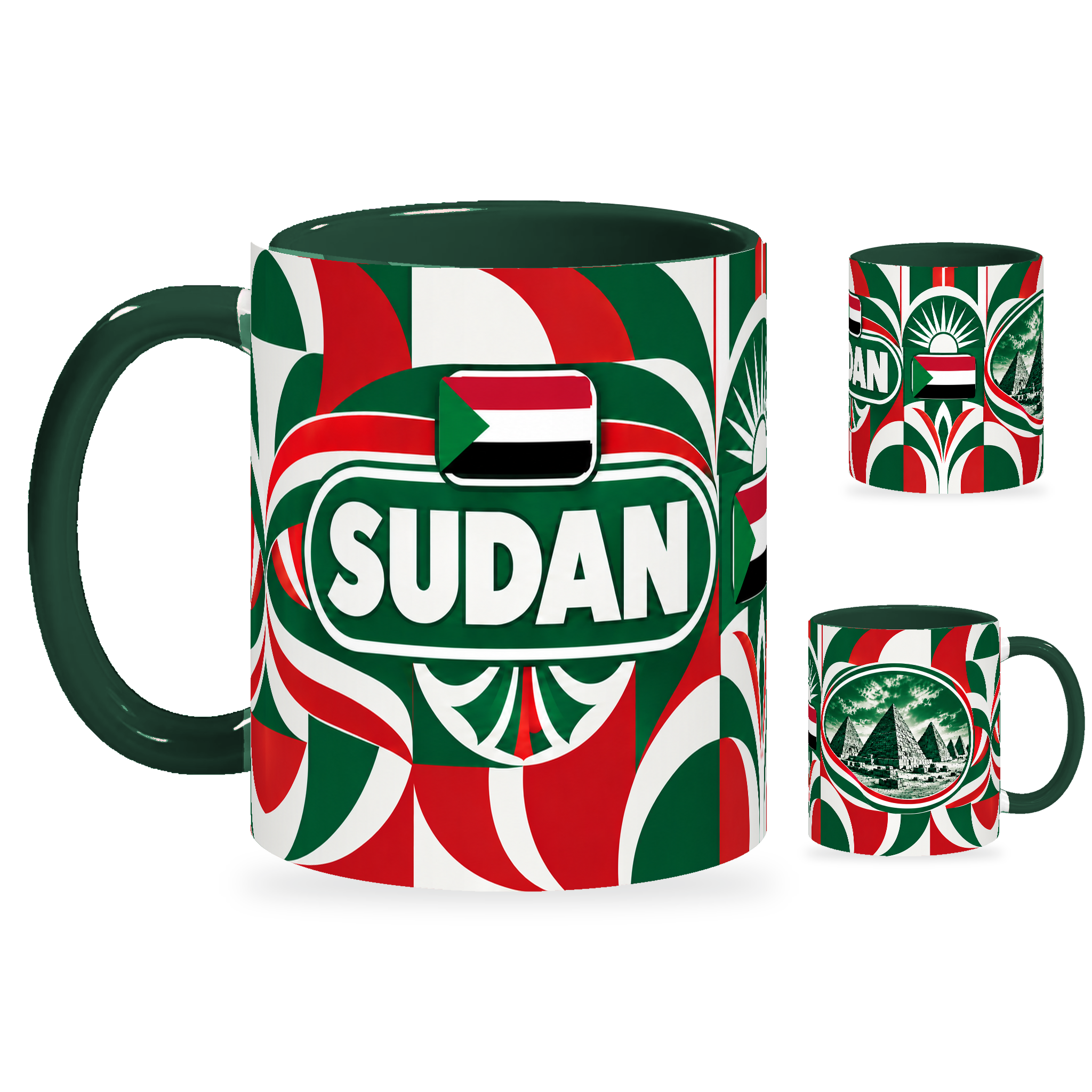 Sudan Mug – 320ml with dark green handle, showing the country-name side plus companion centered-flag and landmark views of the glossy full-wrap design by Fann Bliss.