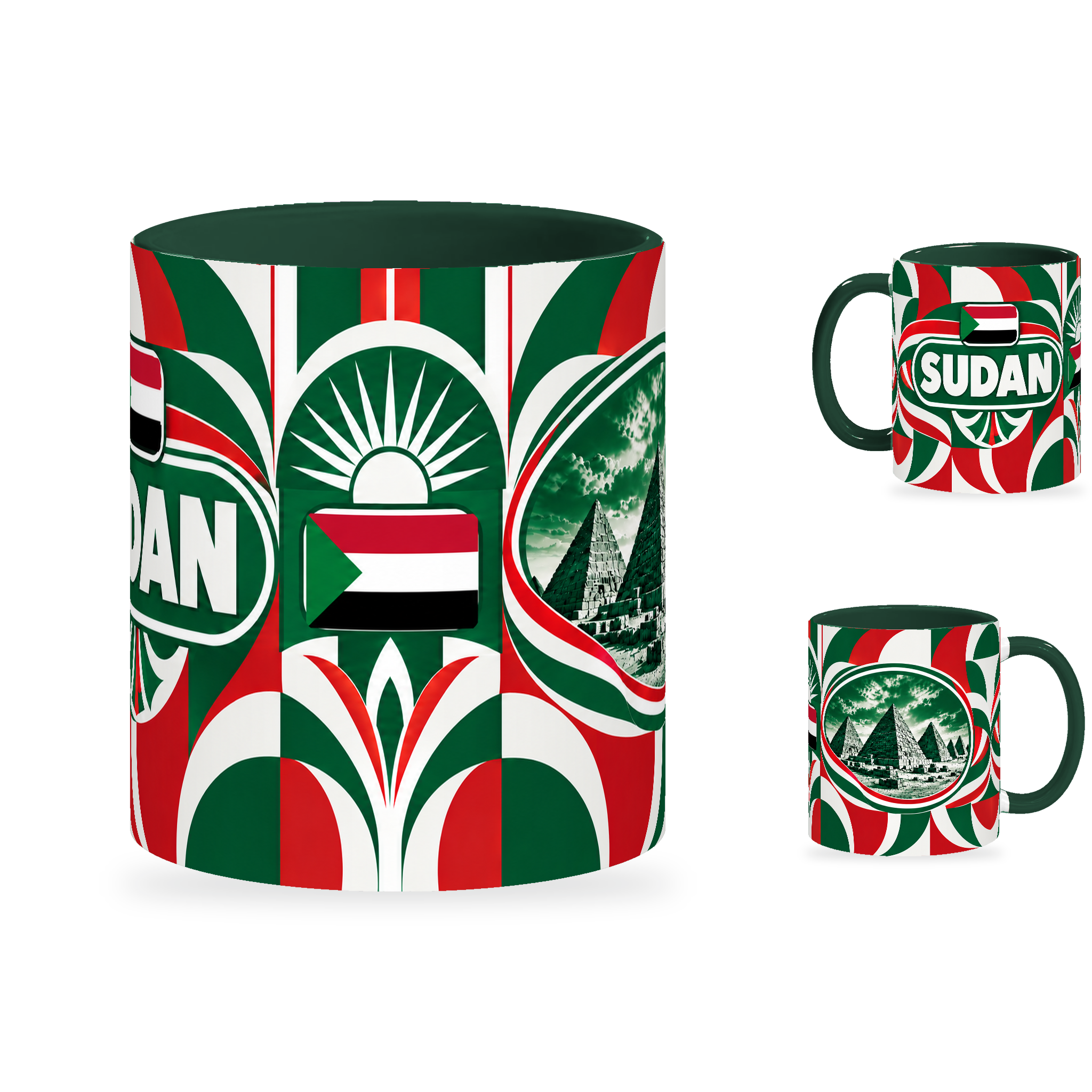 Sudan Mug – 320ml with dark green handle, showing the centered flag view plus companion country-name and landmark views of the glossy full-wrap design by Fann Bliss.
