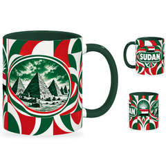 Sudan Mug – 320ml with dark green handle, showing the landmark side plus companion country-name and centered-flag views of the glossy full-wrap design by Fann Bliss.