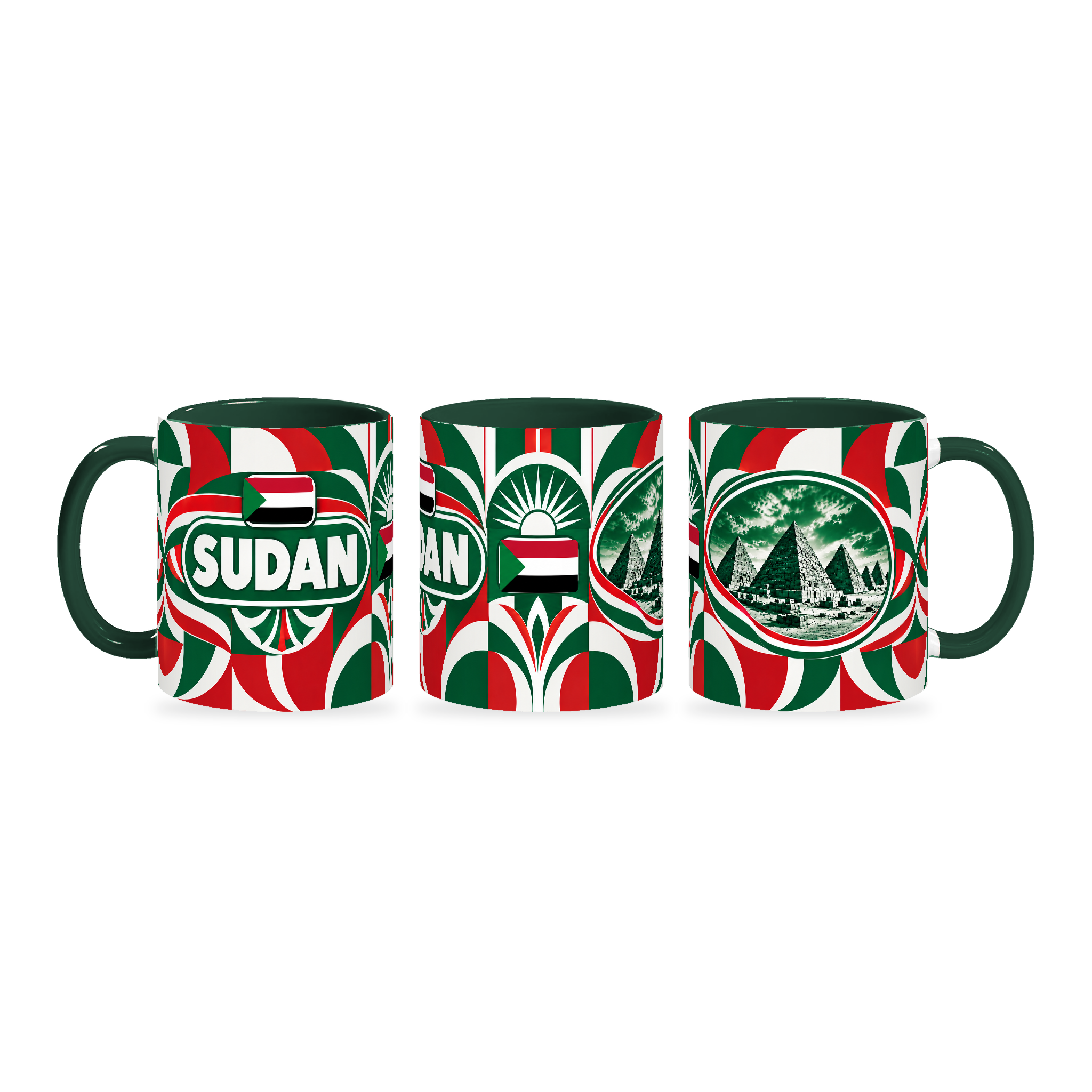 Sudan Mug – 320ml with dark green handle, shown in three matching angles of the glossy full-wrap design by Fann Bliss.