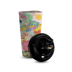 Sunshine Escape 480ml Tumbler by Fann Bliss — open tumbler with lid beside it