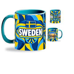 Sweden Mug Teal – 320ml with teal handle, showing the country-name side plus companion centered-flag and landmark views of the glossy full-wrap design by Fann Bliss.