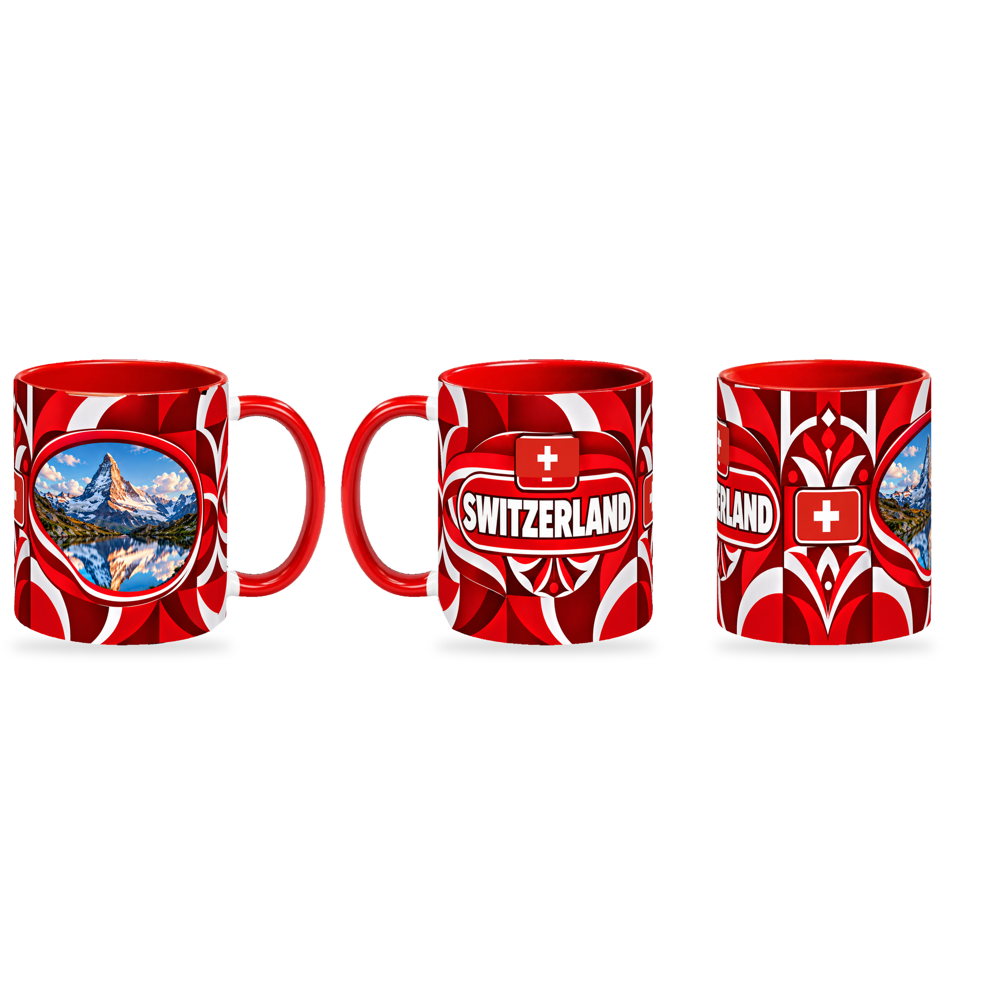 Switzerland Mug – 320ml — three matching angles together on a white background with a soft shadow