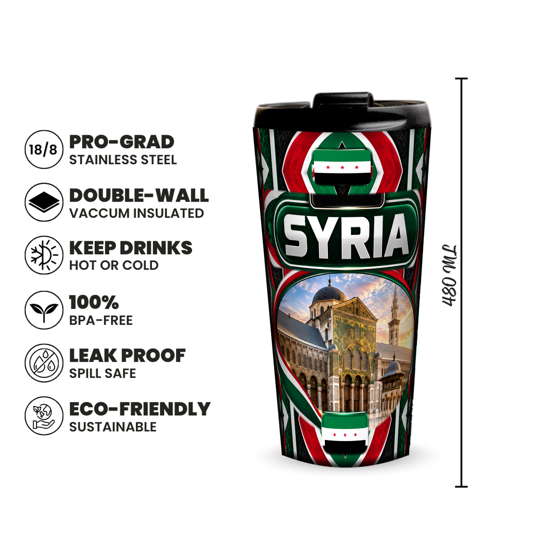 Syria 480ml insulated tumbler features and size