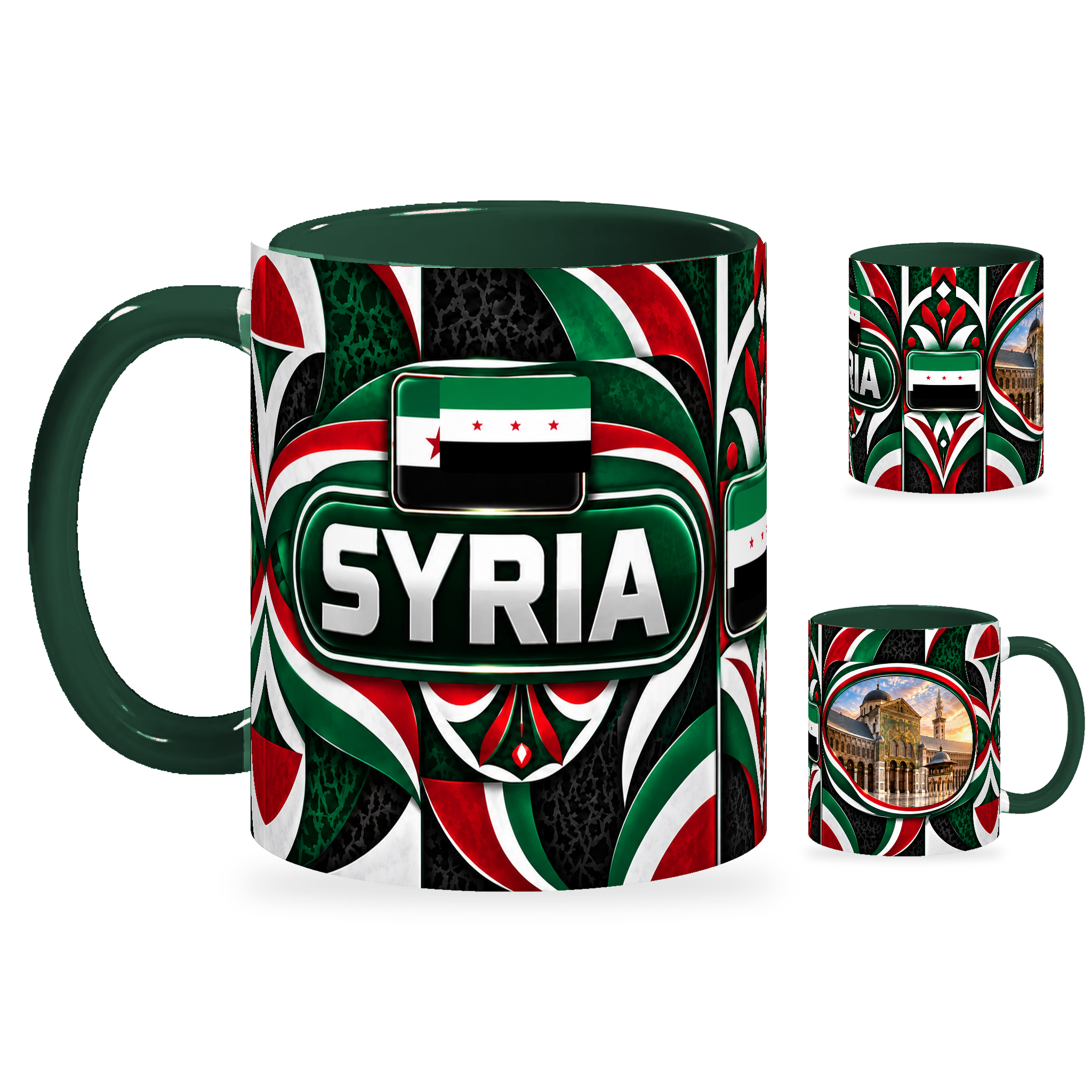 Syria Mug – 320ml with dark green handle, showing the country-name side plus companion centered-flag and landmark views of the glossy full-wrap design by Fann Bliss.