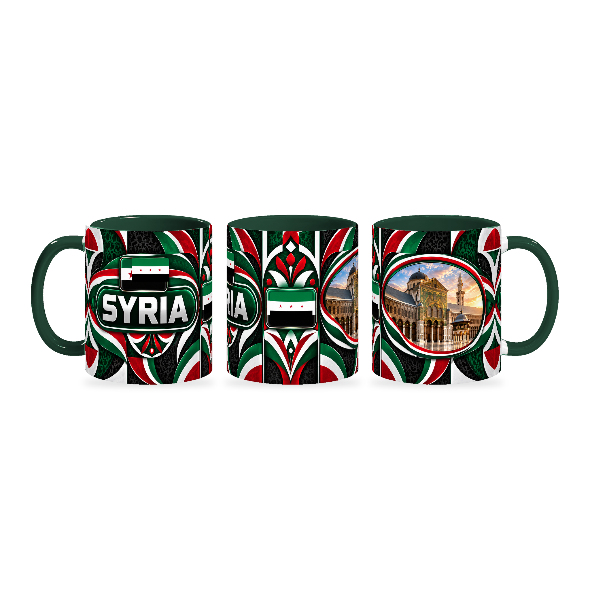 Syria Mug – 320ml with dark green handle, shown in three matching angles of the glossy full-wrap design by Fann Bliss.